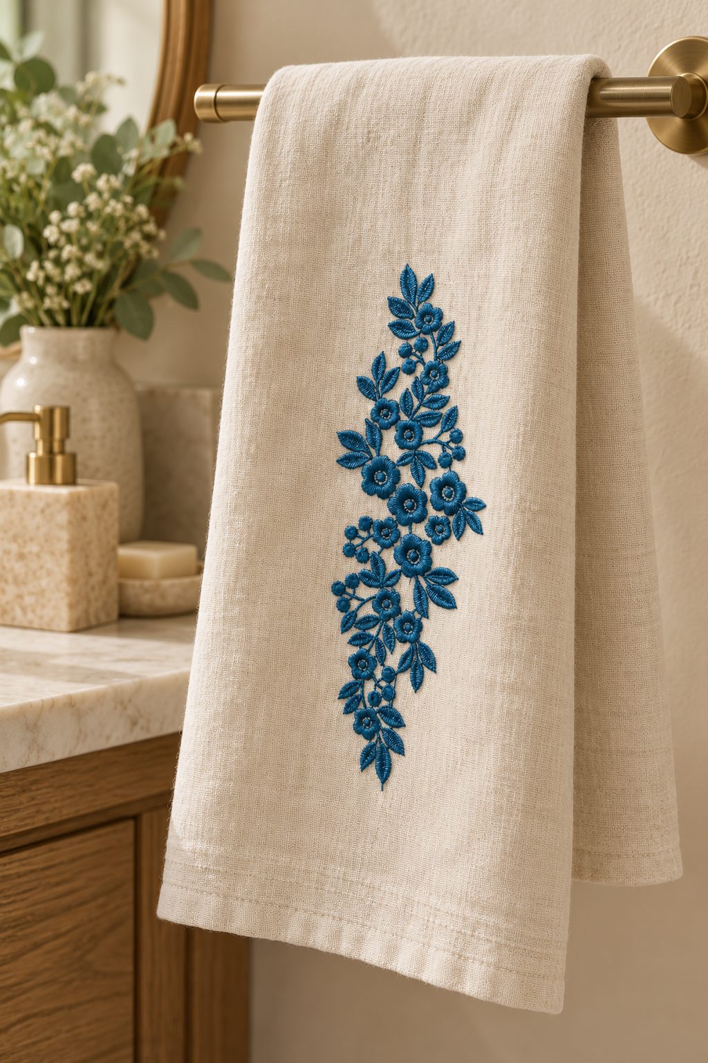 Photorealistic vertical rose leaf spray machine embroidery in deep forest teal thread on a linen hand towel, shown as one fabric-stitched motif
