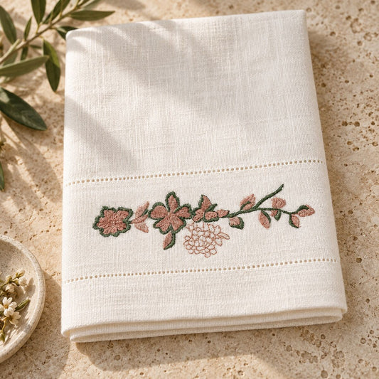 Two-color forest green and terracotta floral branch machine embroidery on a warm-white linen guest towel