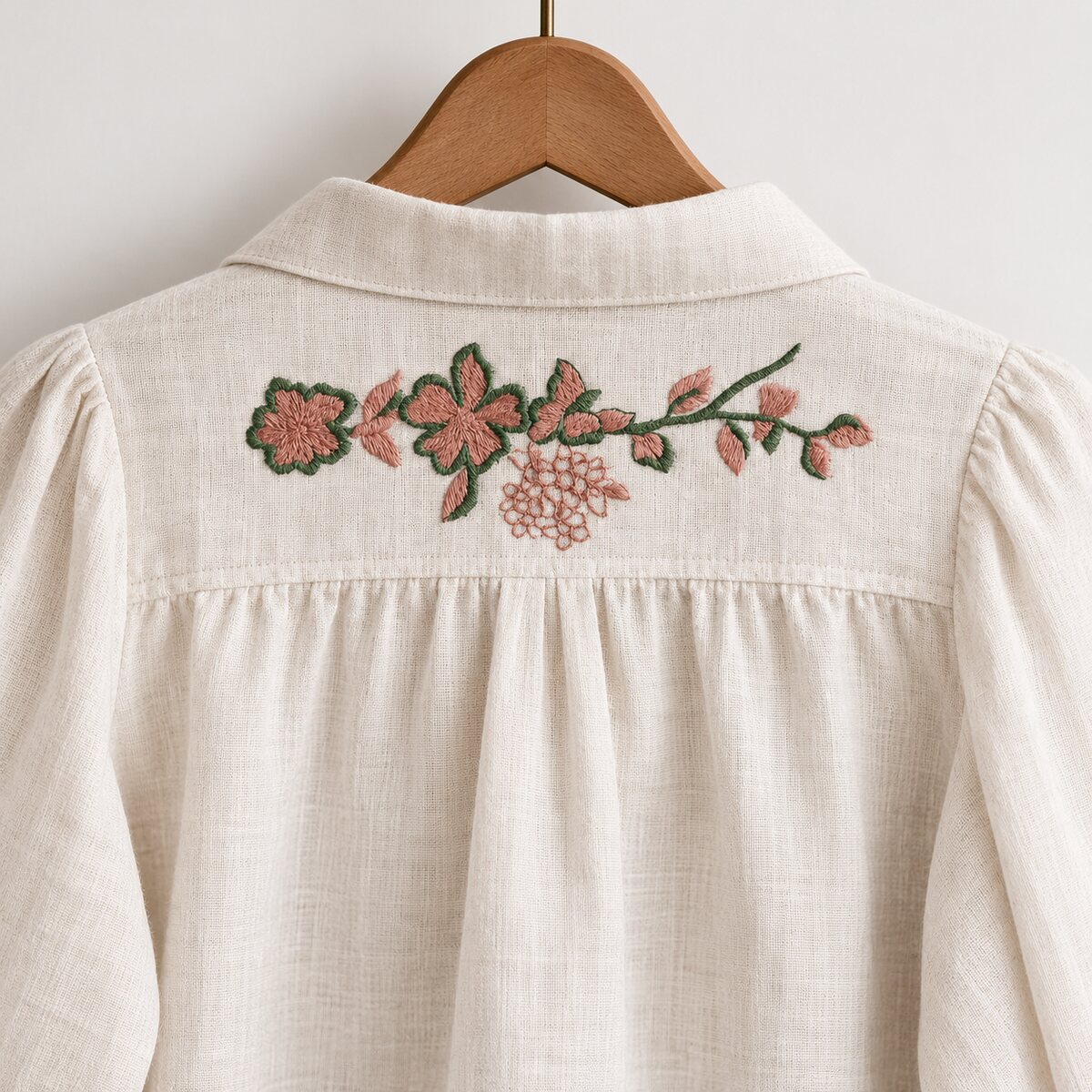 Horizontal two-color floral branch machine embroidery across the back yoke of a natural linen blouse