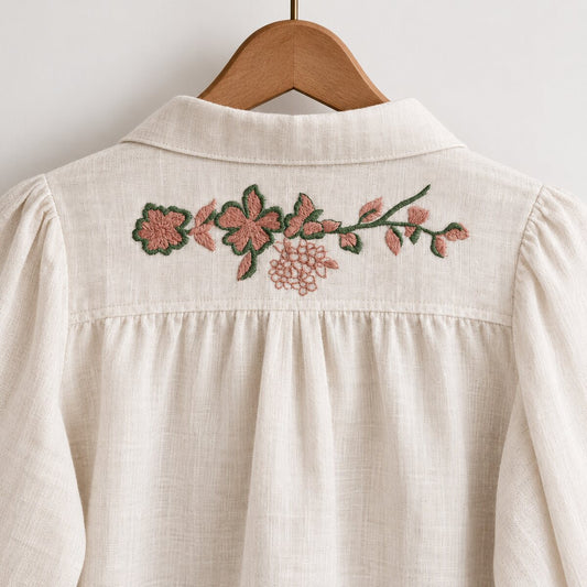 Horizontal two-color floral branch machine embroidery across the back yoke of a natural linen blouse