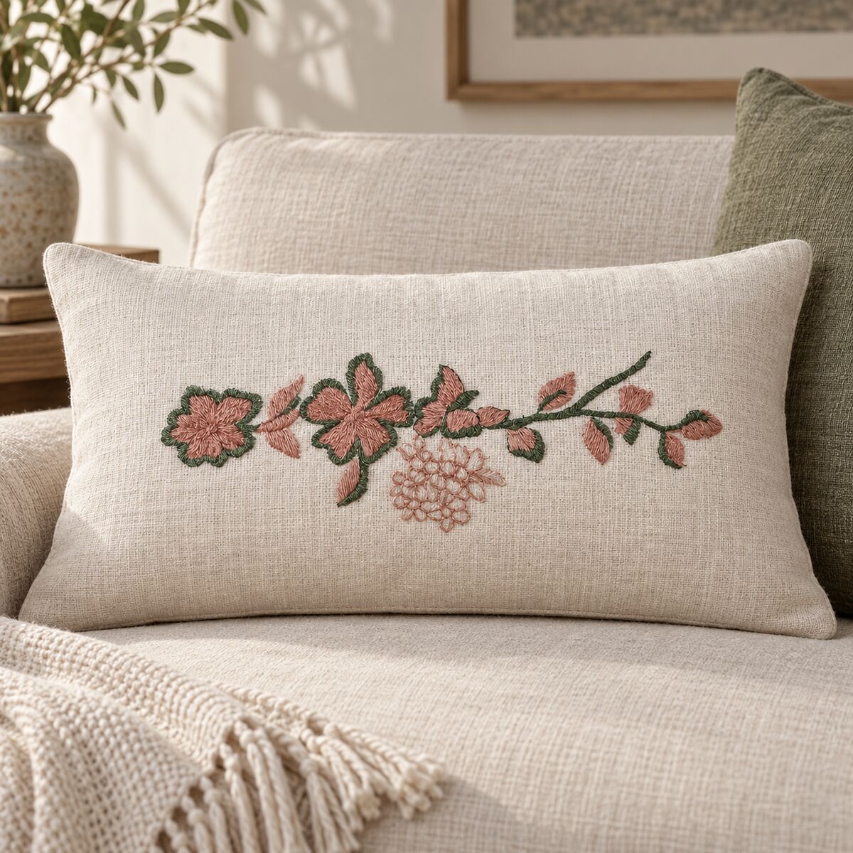 Two-color horizontal floral branch machine embroidery centered on a natural linen lumbar cushion