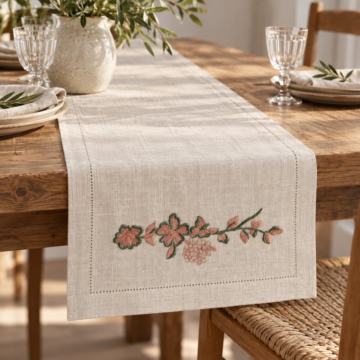 Forest green and dusty terracotta floral branch machine embroidery near the end of a flax linen table runner