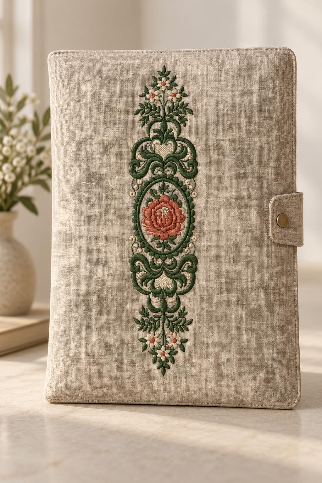 Photorealistic rose oval medallion machine embroidery in forest green, muted terracotta and antique ivory thread on a linen folio cover, shown as one fabric-stitched motif