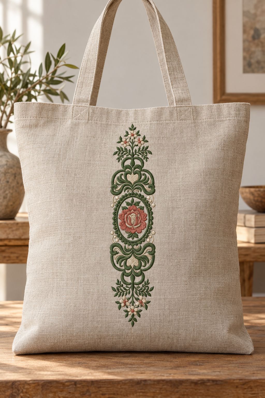 Photorealistic rose oval medallion machine embroidery in forest green, muted terracotta and antique ivory thread on a natural linen tote bag, shown as one fabric-stitched motif