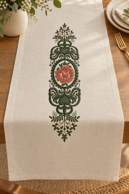 Photorealistic rose oval medallion machine embroidery in forest green, muted terracotta and antique ivory thread on a natural linen table runner, shown as one fabric-stitched motif