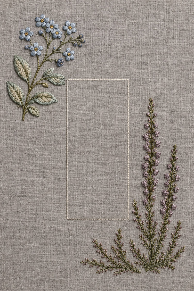 Illustrative embroidery design: Blue forget-me-nots cross a mauve heather branch in this small-flower embroidery pattern.