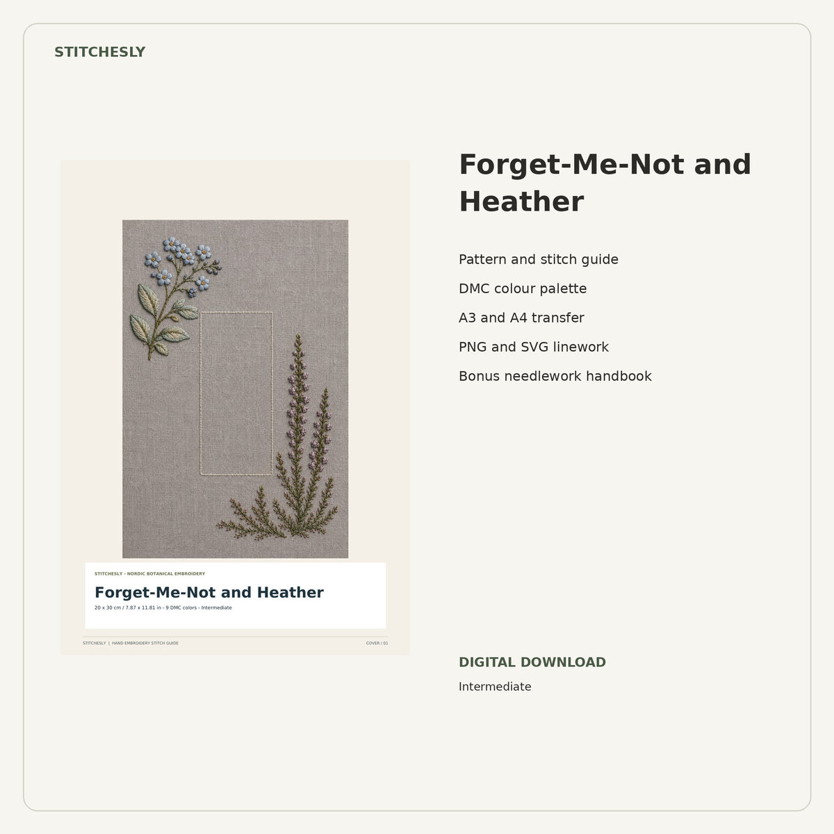 Forget-Me-Not and Heather PDF stitch guide cover, pattern files and bonus needlework handbook.