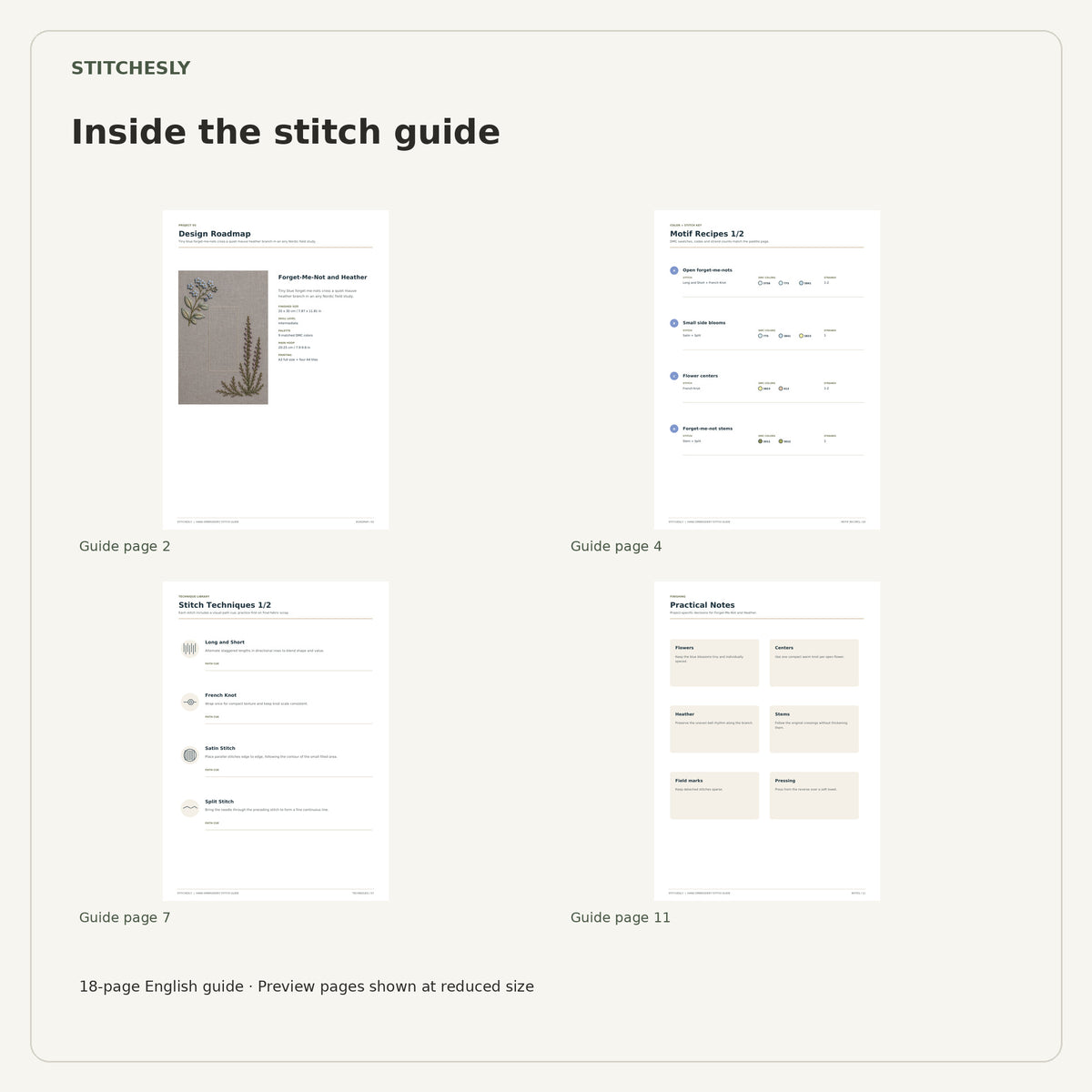 Four reduced-size preview pages from the 18-page Forget-Me-Not and Heather stitch guide.
