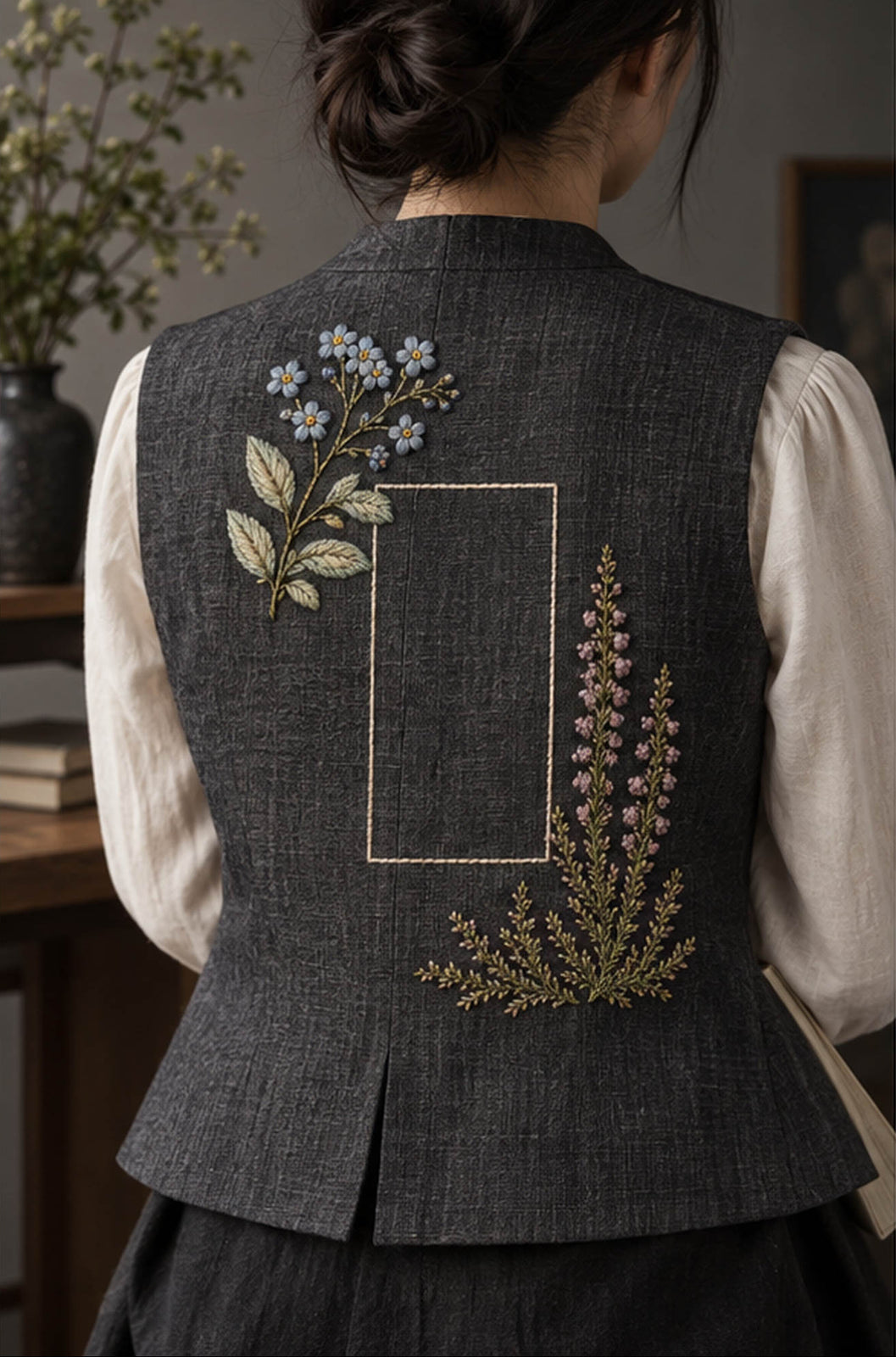 Dark linen shirt mockup featuring the Forget-Me-Not and Heather hand embroidery design. Blue forget-me-nots cross a mauve heather branch in this small-flower embroidery pattern.