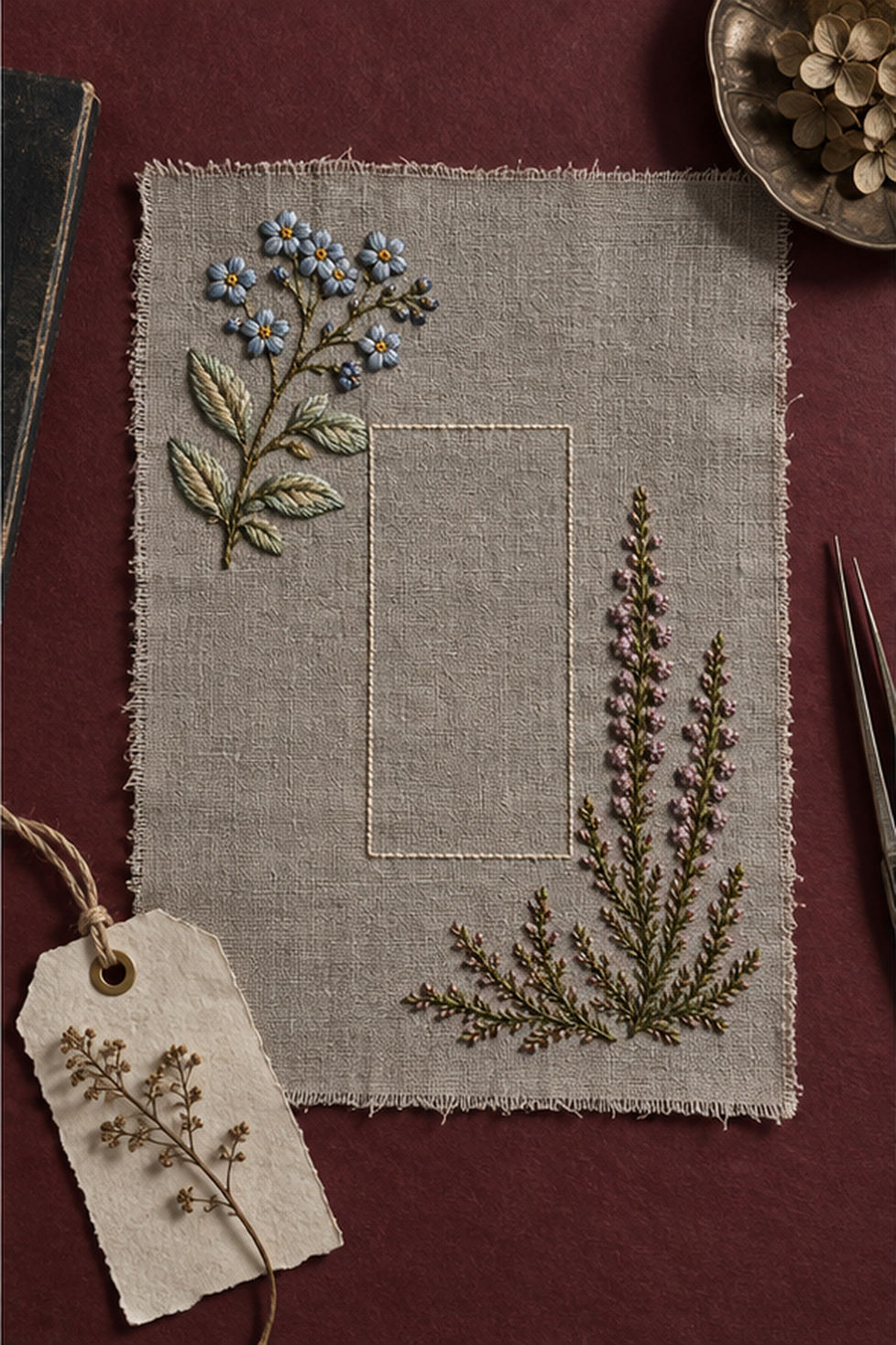 Botanical textile flat lay mockup featuring the Forget-Me-Not and Heather hand embroidery design. Blue forget-me-nots cross a mauve heather branch in this small-flower embroidery pattern.