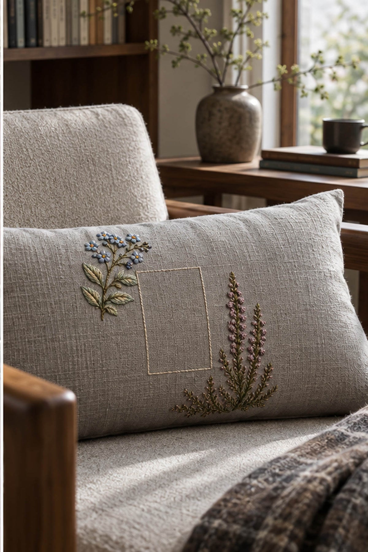Long linen cushion mockup featuring the Forget-Me-Not and Heather hand embroidery design. Blue forget-me-nots cross a mauve heather branch in this small-flower embroidery pattern.