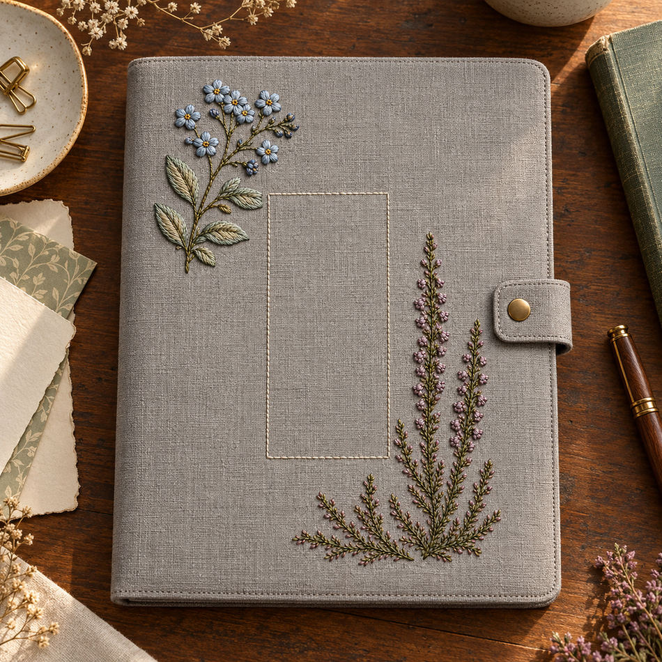 Linen panel on a table mockup featuring the Forget-Me-Not and Heather hand embroidery design. Blue forget-me-nots cross a mauve heather branch in this small-flower embroidery pattern.