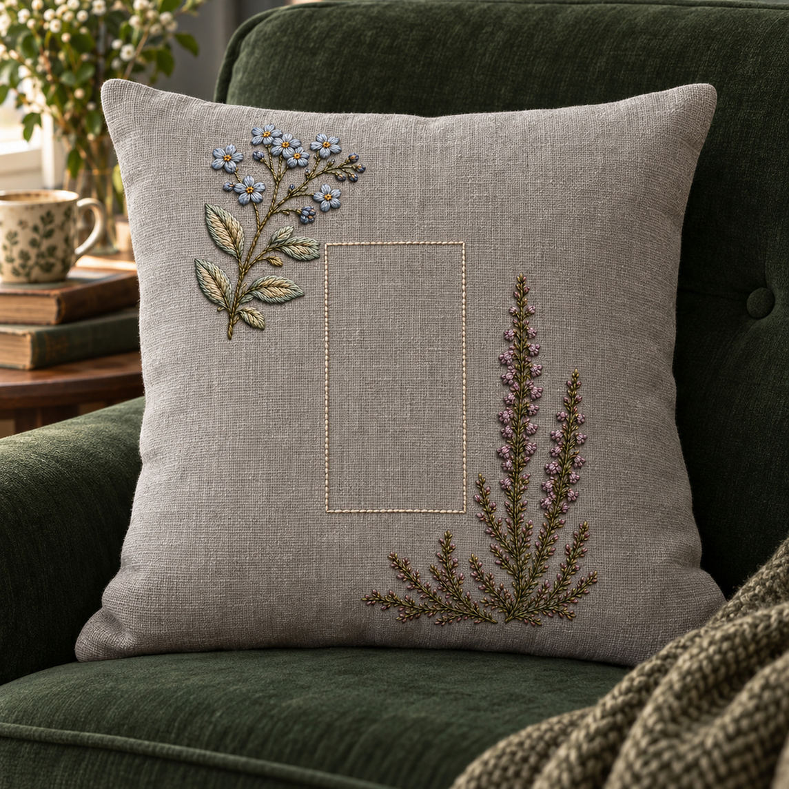 Linen cushion mockup featuring the Forget-Me-Not and Heather hand embroidery design. Blue forget-me-nots cross a mauve heather branch in this small-flower embroidery pattern.