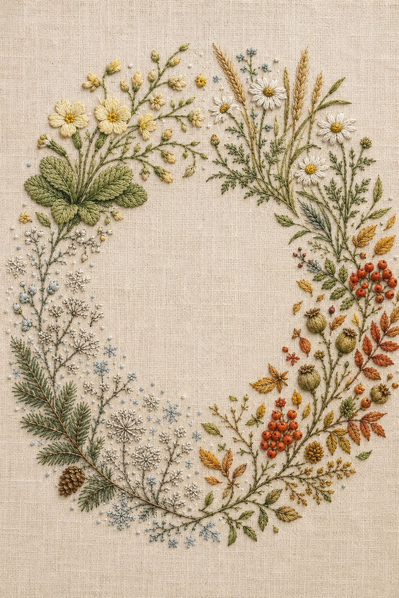 Illustrative embroidery design: Spring, summer, autumn and winter plant groups follow an incomplete circle around clear linen.