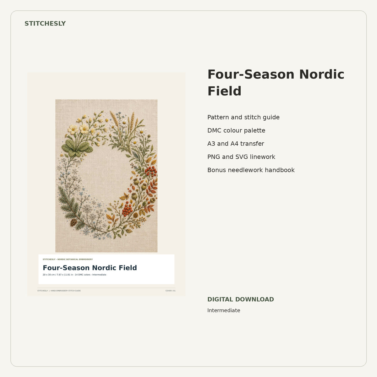Four-Season Nordic Field PDF stitch guide cover, pattern files and bonus needlework handbook.
