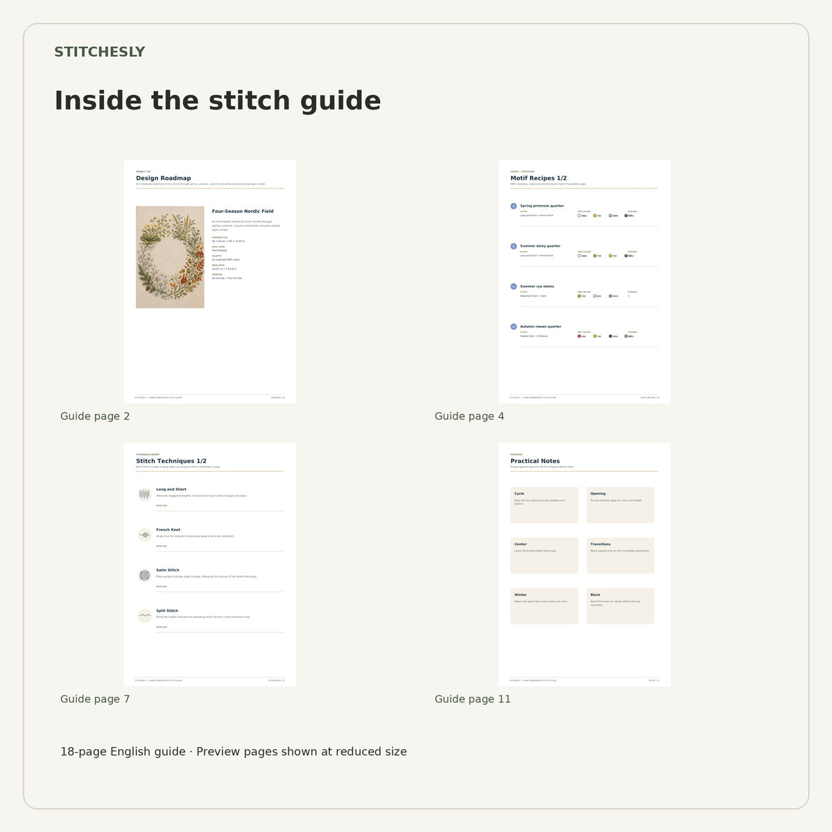 Four reduced-size preview pages from the 18-page Four-Season Nordic Field stitch guide.