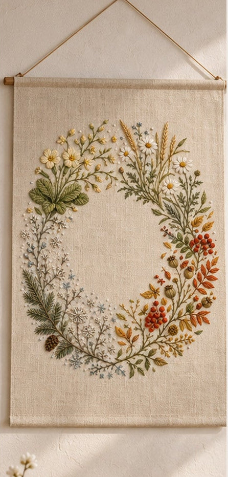 Hanging botanical wreath mockup featuring the Four-Season Nordic Field hand embroidery design. Spring, summer, autumn and winter plant groups follow an incomplete circle around clear linen.
