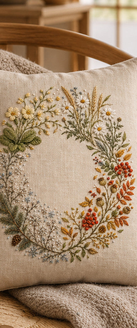 Round linen cushion mockup featuring the Four-Season Nordic Field hand embroidery design. Spring, summer, autumn and winter plant groups follow an incomplete circle around clear linen.