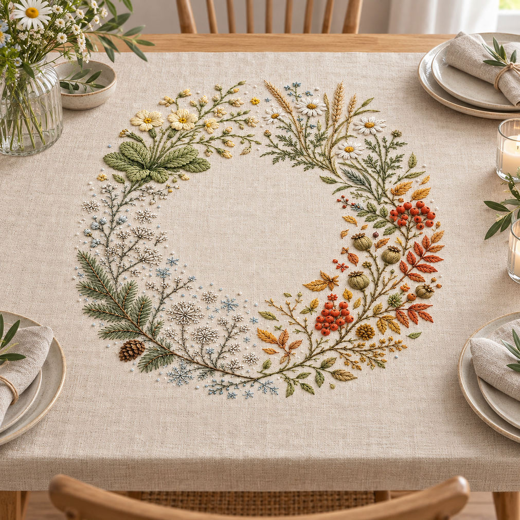 Hanging four-season wreath mockup featuring the Four-Season Nordic Field hand embroidery design. Spring, summer, autumn and winter plant groups follow an incomplete circle around clear linen.