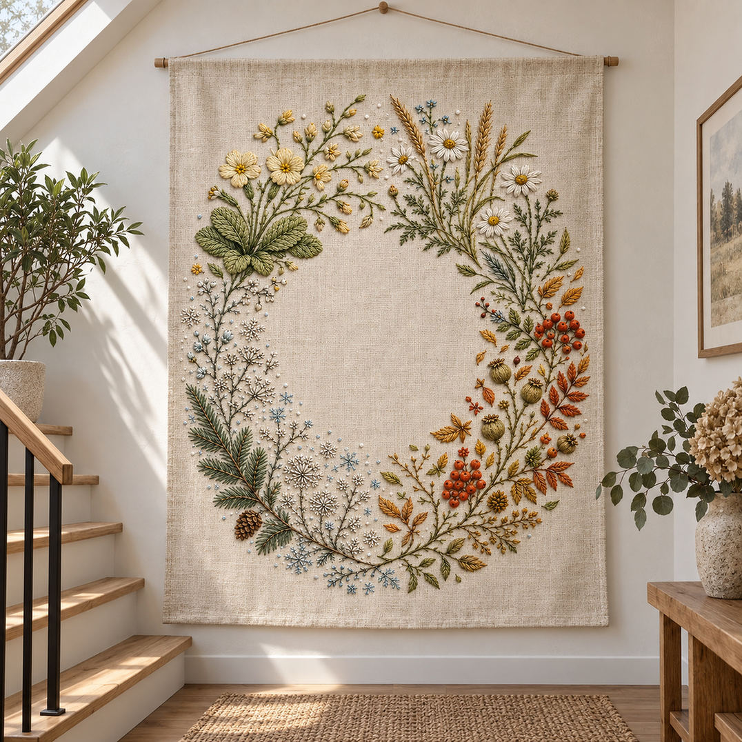 Framed botanical textile mockup featuring the Four-Season Nordic Field hand embroidery design. Spring, summer, autumn and winter plant groups follow an incomplete circle around clear linen.