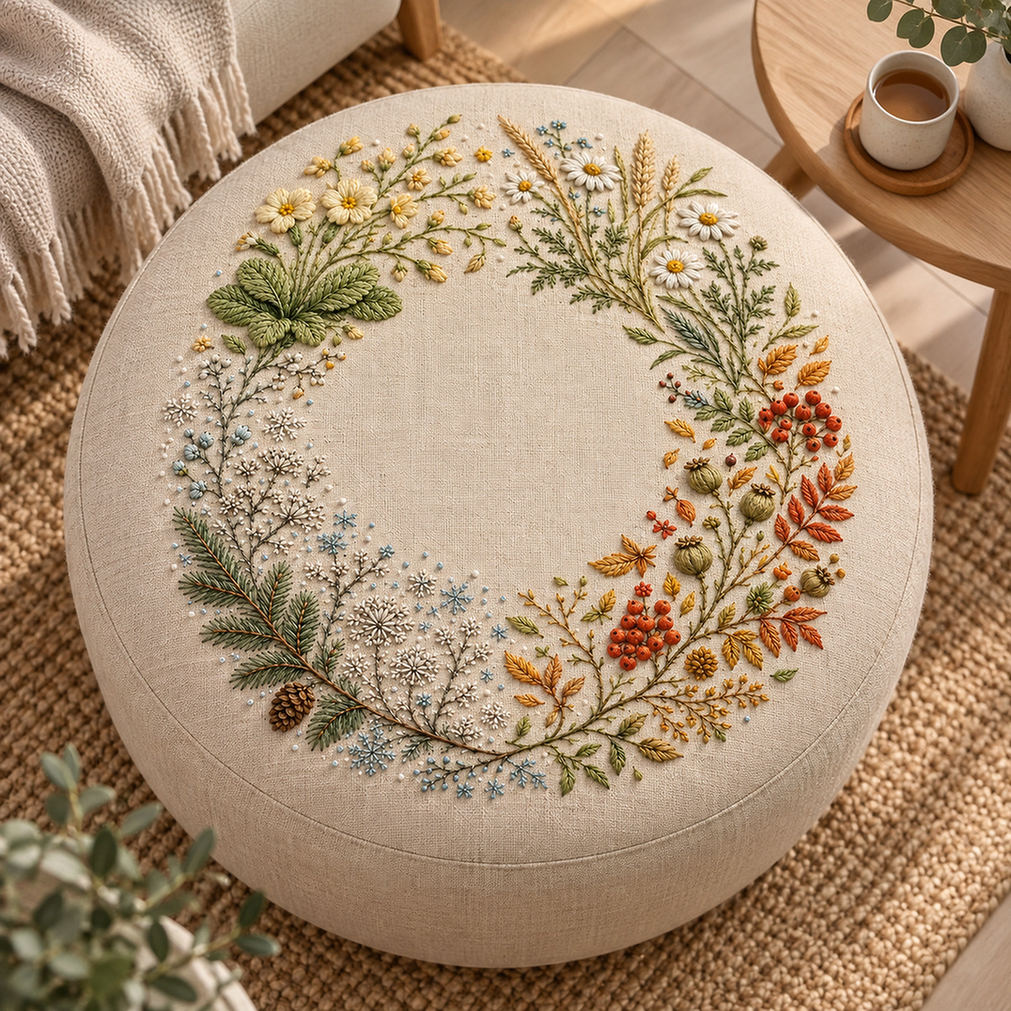 Round linen cushion mockup featuring the Four-Season Nordic Field hand embroidery design. Spring, summer, autumn and winter plant groups follow an incomplete circle around clear linen.