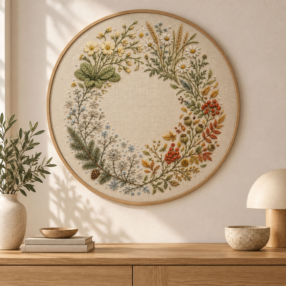 Embroidery hoop mockup featuring the Four-Season Nordic Field hand embroidery design. Spring, summer, autumn and winter plant groups follow an incomplete circle around clear linen.