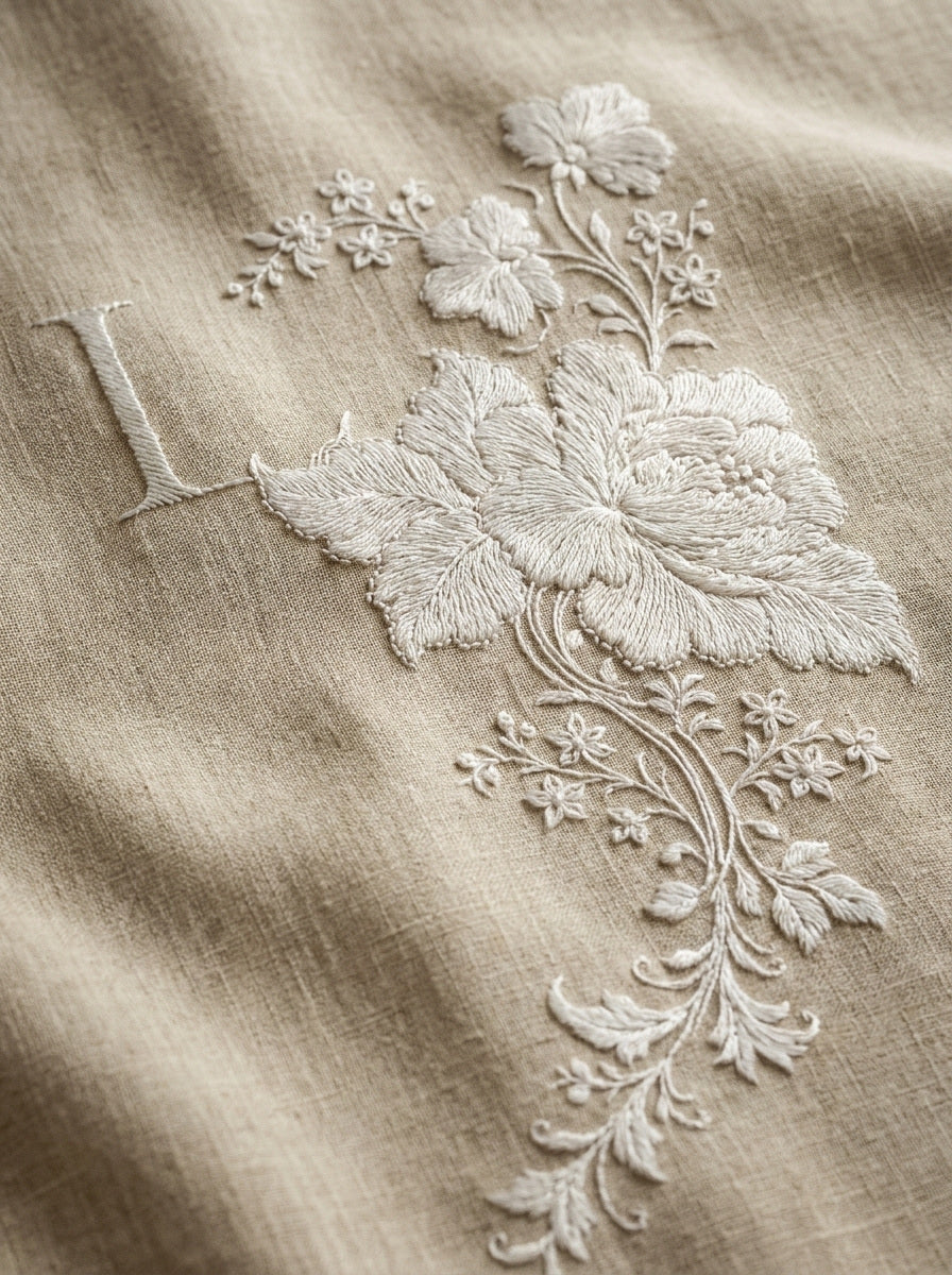 French Floral Initial Corner Frame from French Embroidery & La Broderie Blanche Book 1, a digital embroidery design reference for machine embroidery designs, embroidery patterns and corner embroidery.
