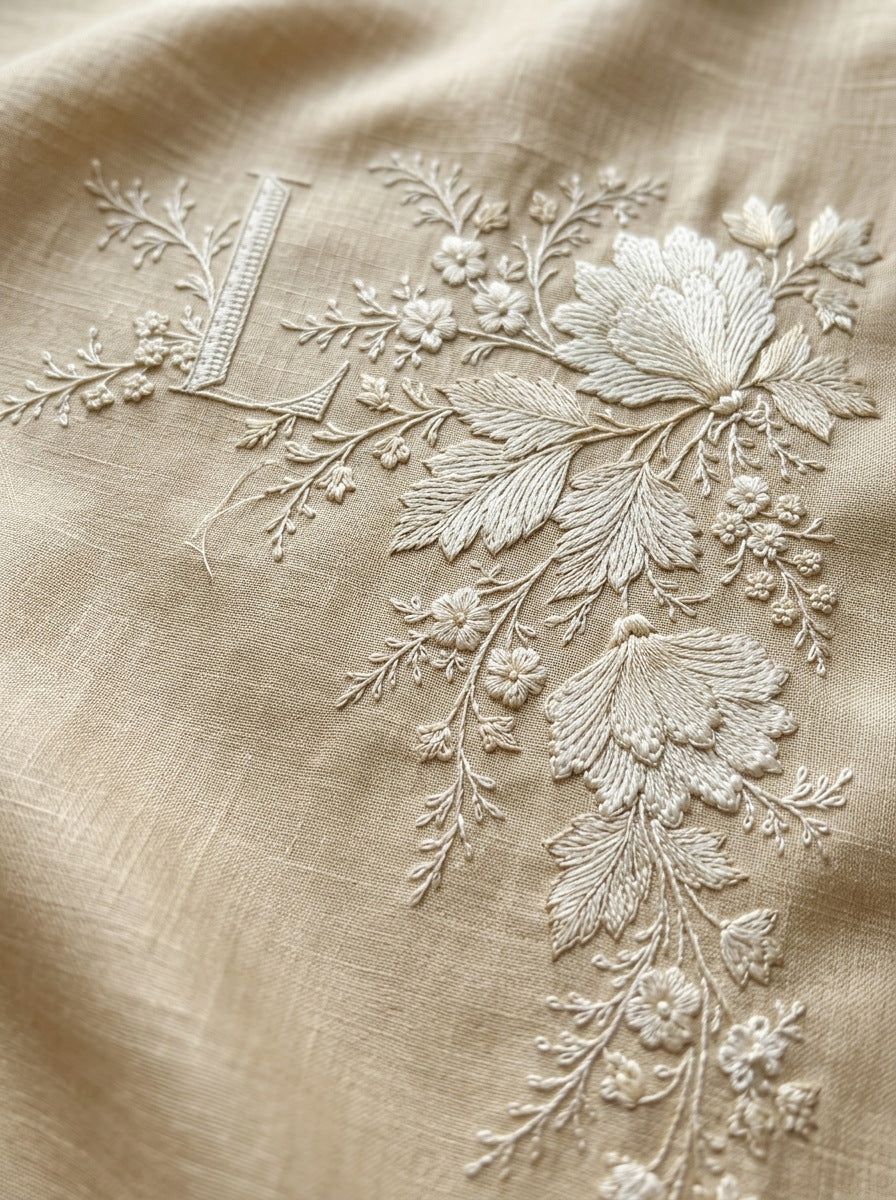 French Floral Initial Corner Frame from French Embroidery & La Broderie Blanche Book 6, a digital embroidery design reference for machine embroidery designs, embroidery patterns and corner embroidery.