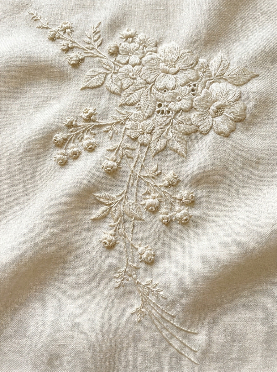 French Floral Table Linen Corner from French Embroidery & La Broderie Blanche Book 1, a digital embroidery design reference for machine embroidery designs, embroidery patterns and corner embroidery.