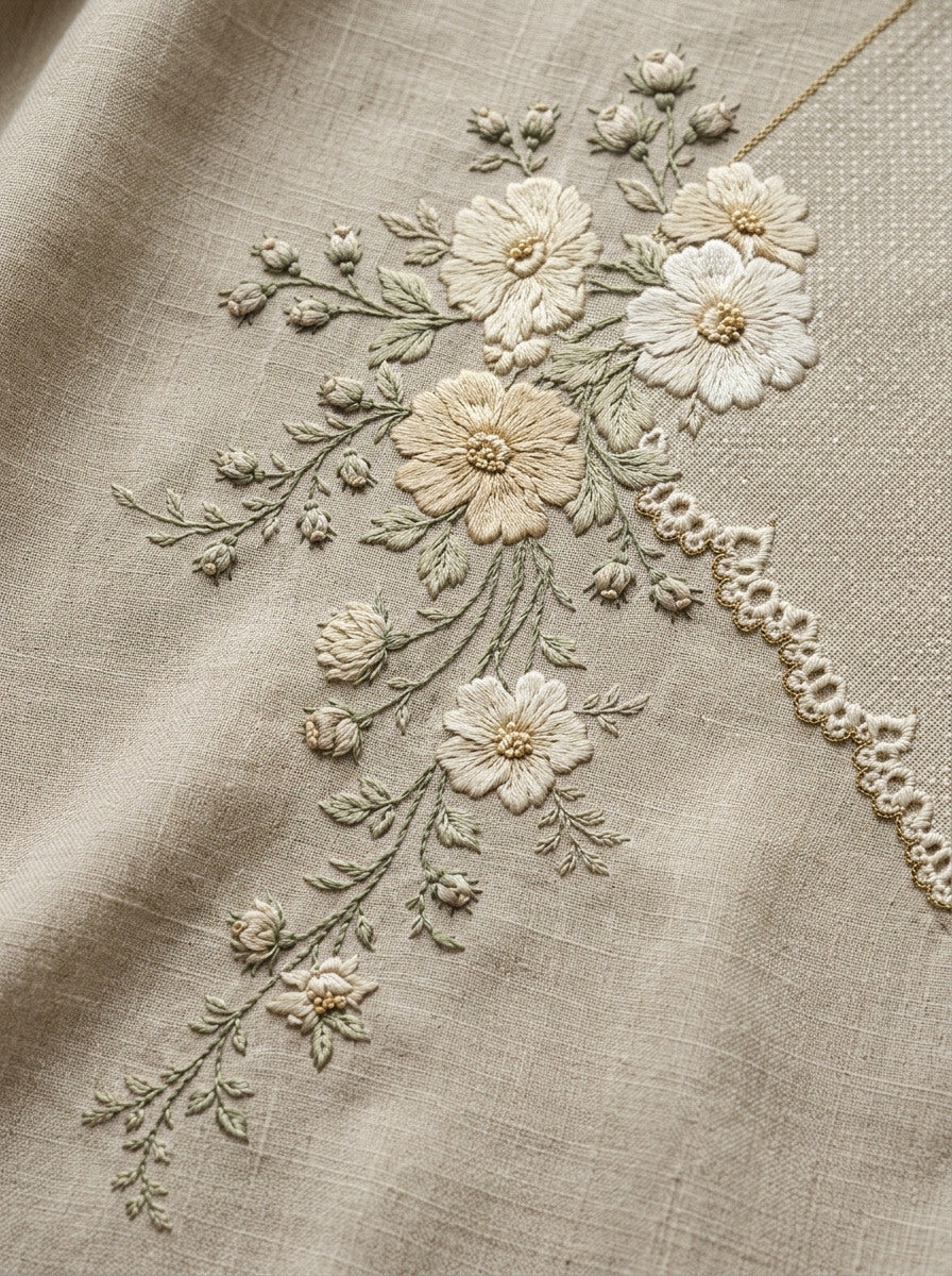 French Floral Table Linen Corner from French Embroidery & La Broderie Blanche Book 6, a digital embroidery design reference for machine embroidery designs, embroidery patterns and corner embroidery.