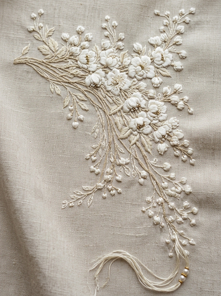 French Floral Table Linen Corner from French Embroidery & La Broderie Blanche Book 4, a digital embroidery design reference for machine embroidery designs, embroidery patterns and corner embroidery.