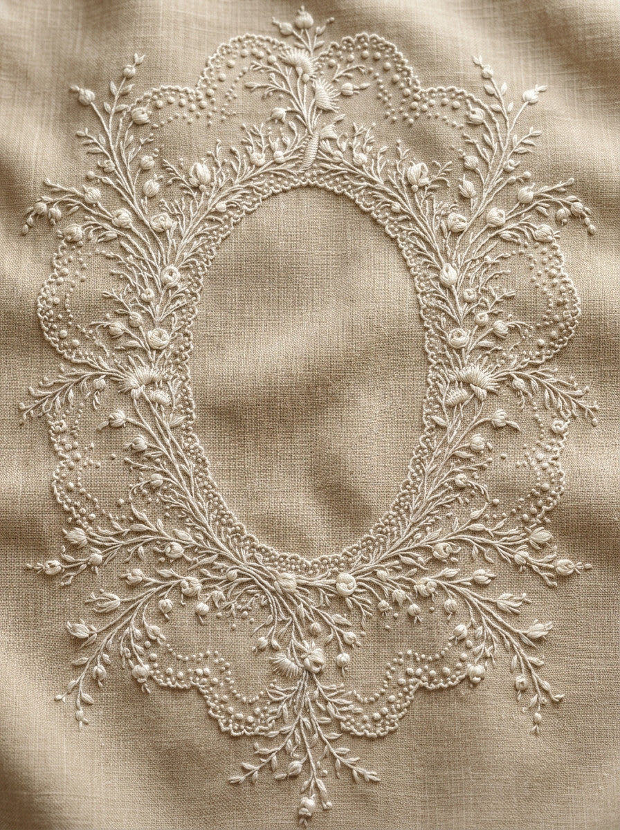 French Pillow Front Monogram Frame from French Embroidery & La Broderie Blanche Book 2, a digital embroidery design reference for machine embroidery designs, embroidery patterns and frames and monogram spaces.