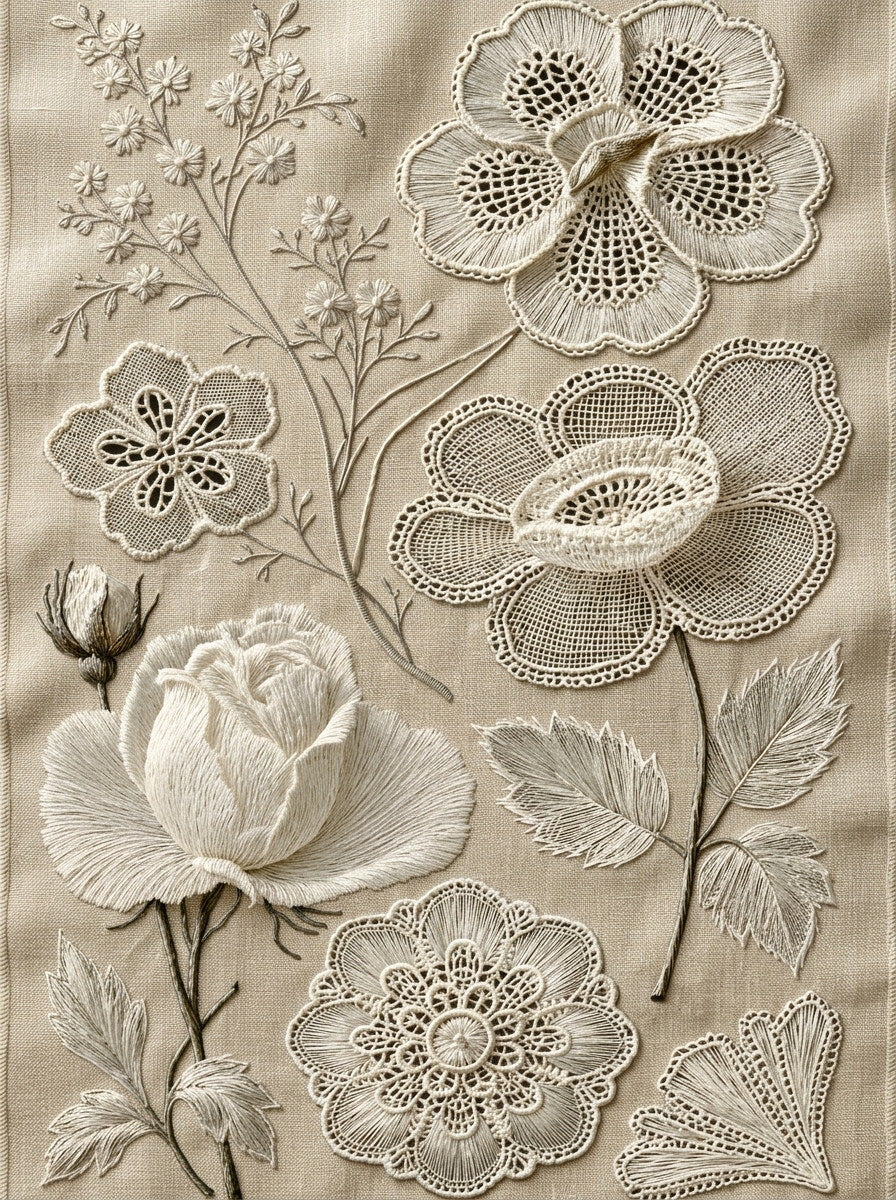 French Whitework Floral Collection Plate from French Embroidery & La Broderie Blanche Book 8, a digital embroidery design reference for machine embroidery designs, embroidery patterns and lace and broderie details.