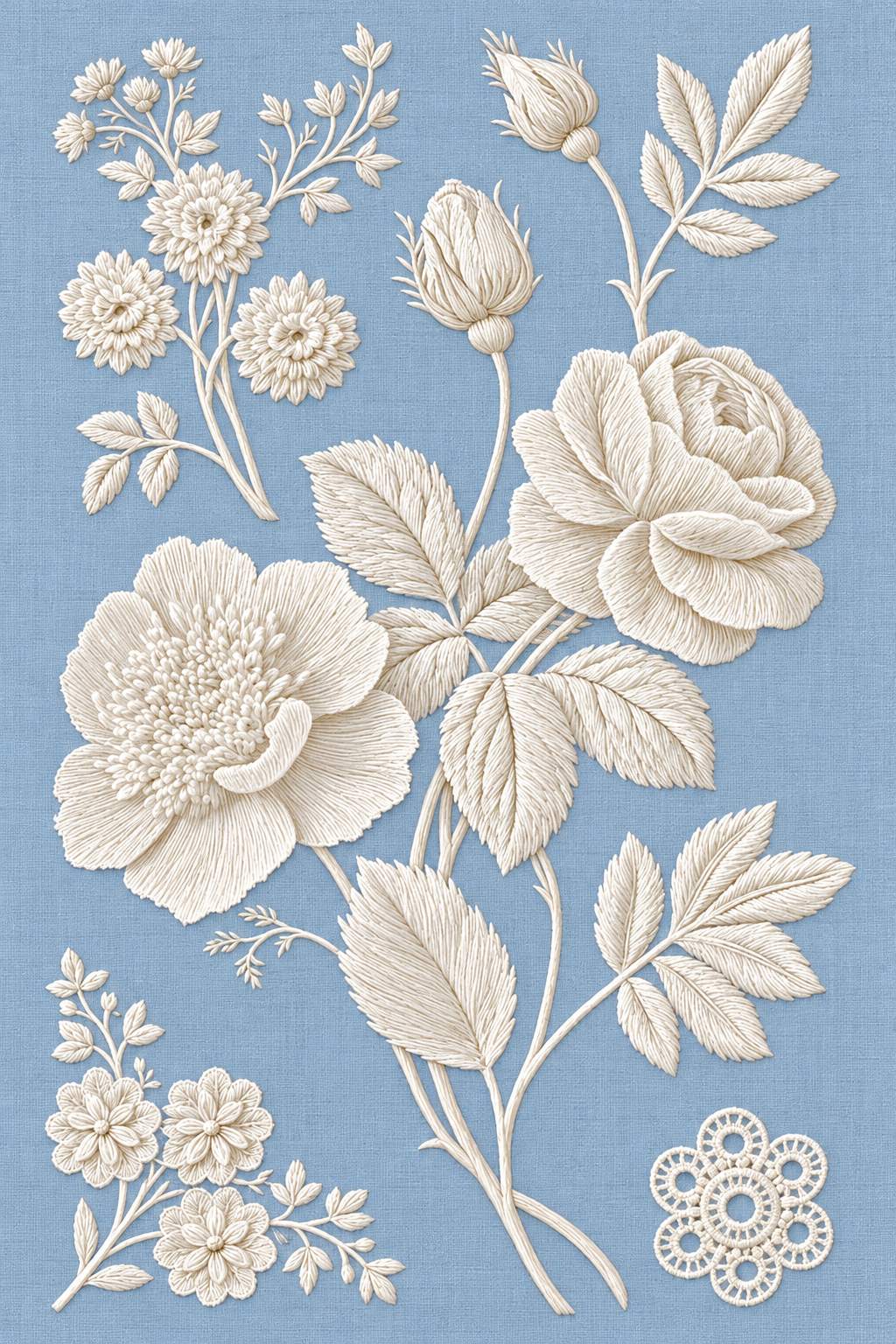 French Whitework Floral Motif Set | French Embroidery & La Broderie Blanche Book 1 | Hand embroidery example
