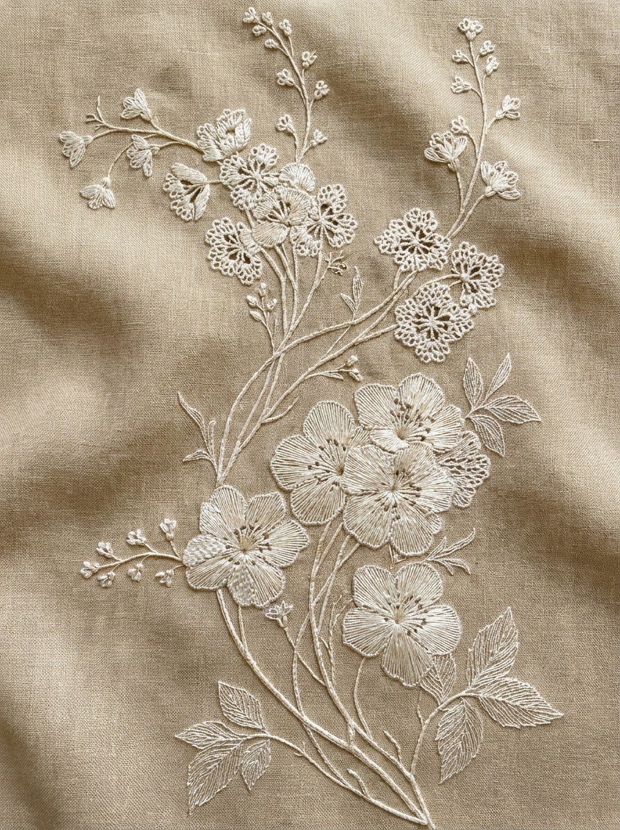 French Whitework Floral Sprig French from French Embroidery & La Broderie Blanche Book 3, a digital embroidery design reference for machine embroidery designs, embroidery patterns and lace and broderie details.