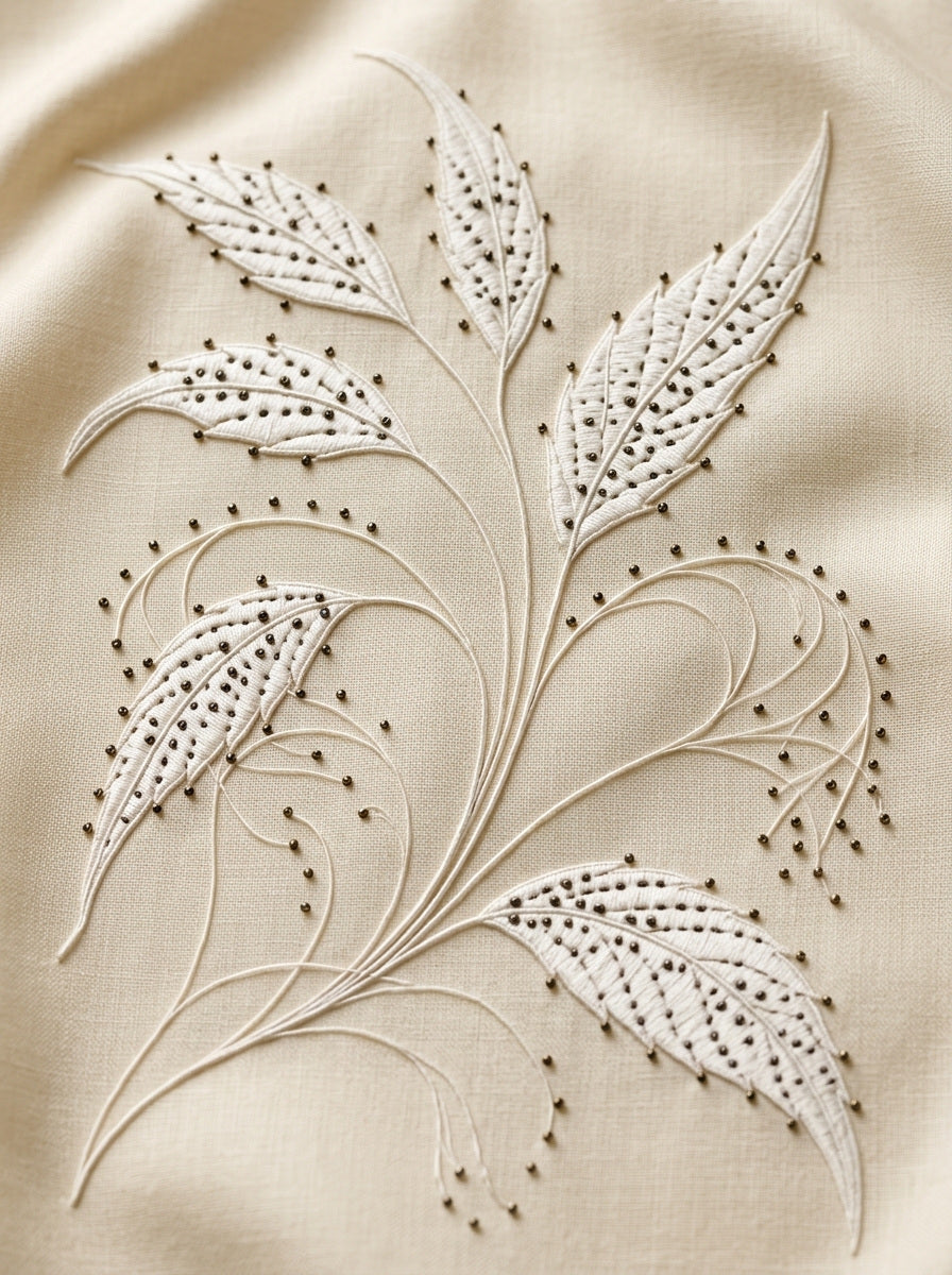 French Whitework Leaf Sprig French from French Embroidery & La Broderie Blanche Book 5, a digital embroidery design reference for machine embroidery designs, embroidery patterns and lace and broderie details.