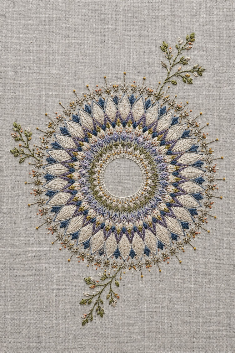 Illustrative embroidery design: A layered flower medallion extends into two unequal botanical sprigs around an unfilled centre.