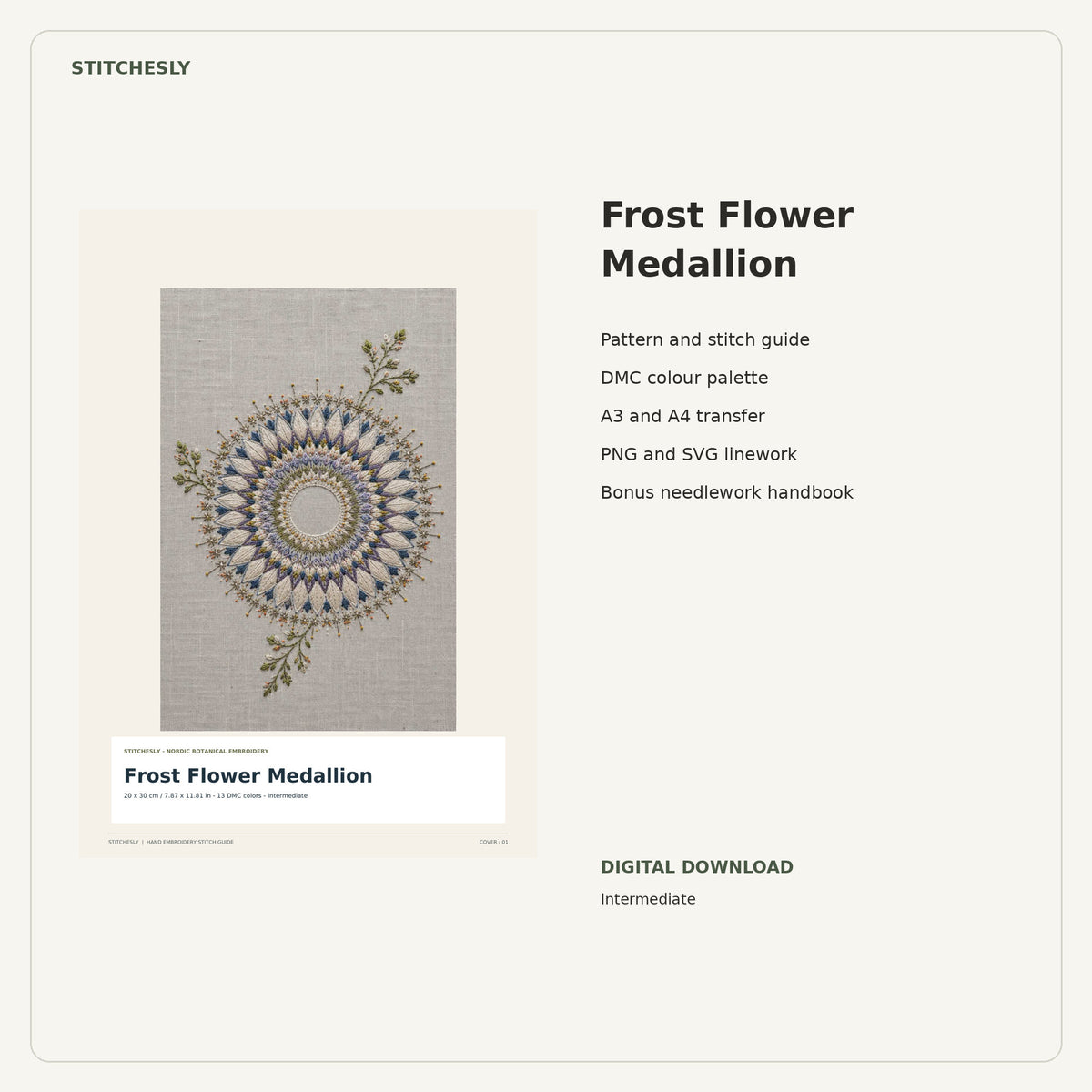 Frost Flower Medallion PDF stitch guide cover, pattern files and bonus needlework handbook.
