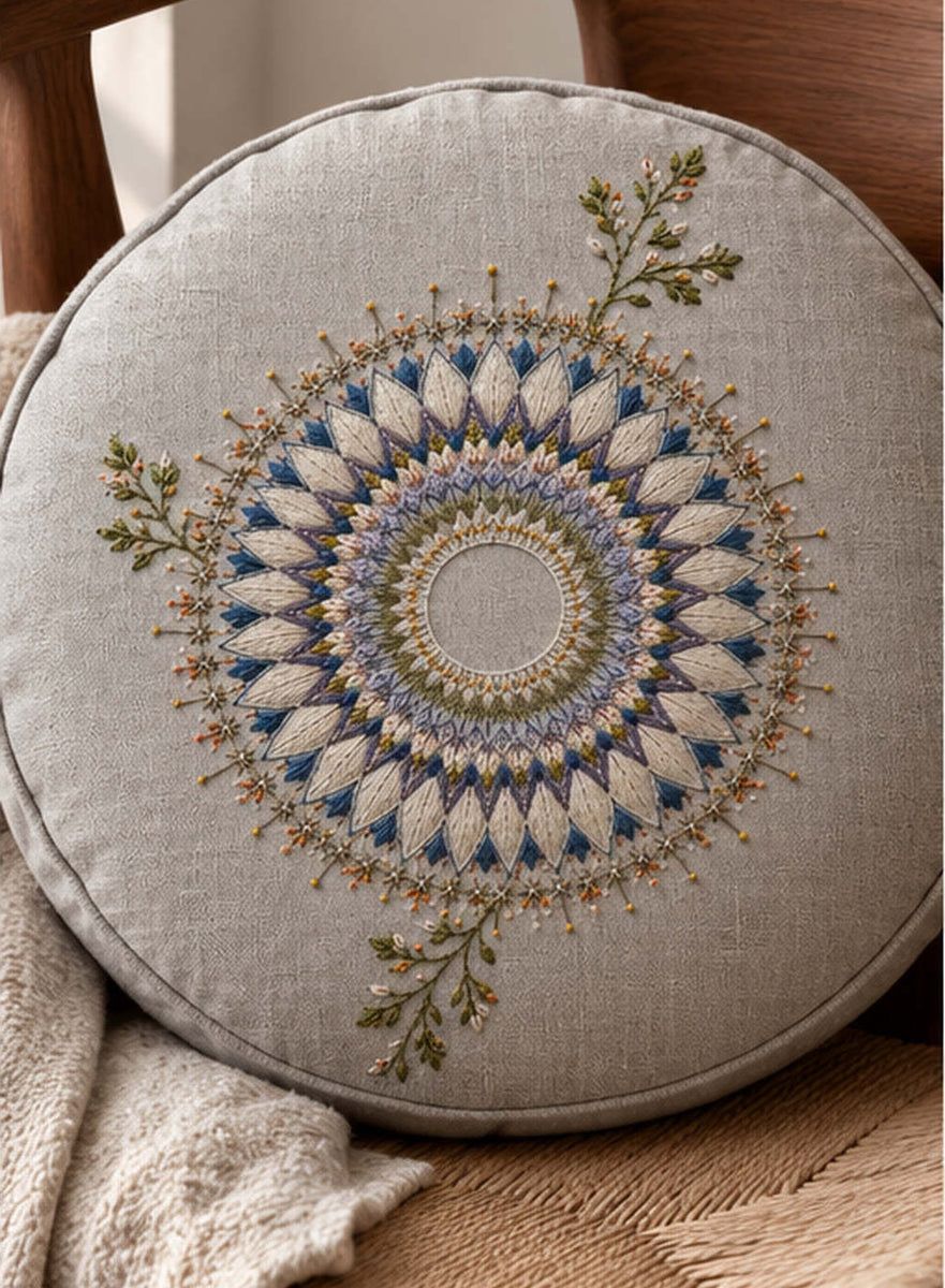 Round linen cushion mockup featuring the Frost Flower Medallion hand embroidery design. A layered flower medallion extends into two unequal botanical sprigs around an unfilled centre.