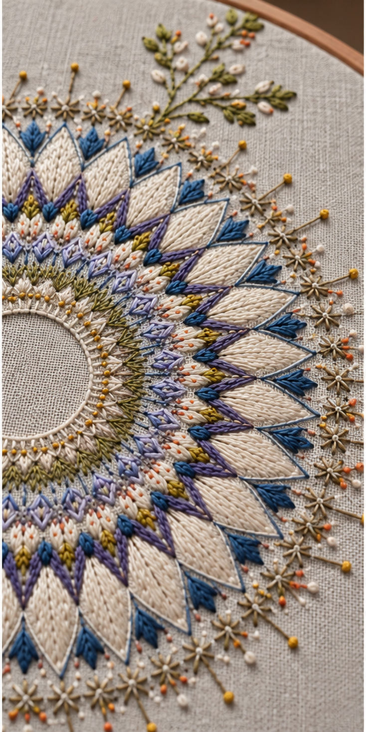 Floral textile close view mockup featuring the Frost Flower Medallion hand embroidery design. A layered flower medallion extends into two unequal botanical sprigs around an unfilled centre.