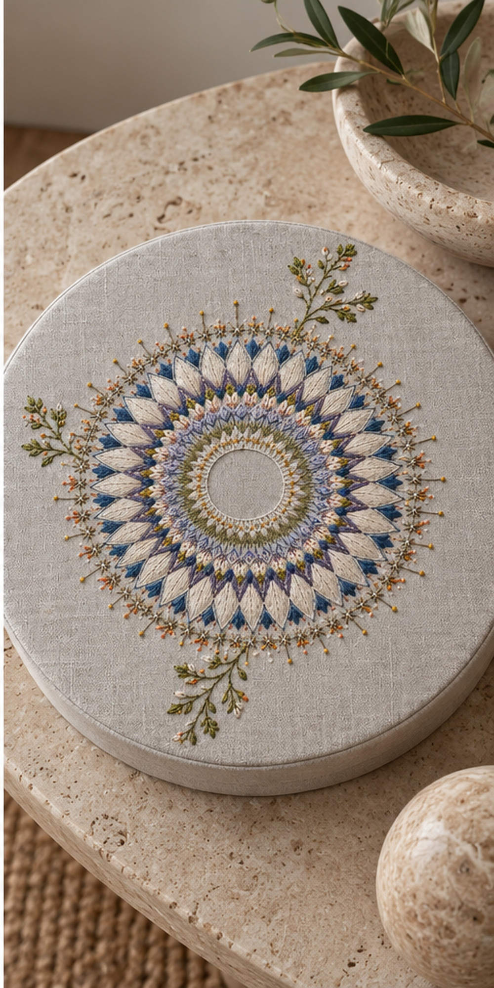 Linen tote bag mockup featuring the Frost Flower Medallion hand embroidery design. A layered flower medallion extends into two unequal botanical sprigs around an unfilled centre.