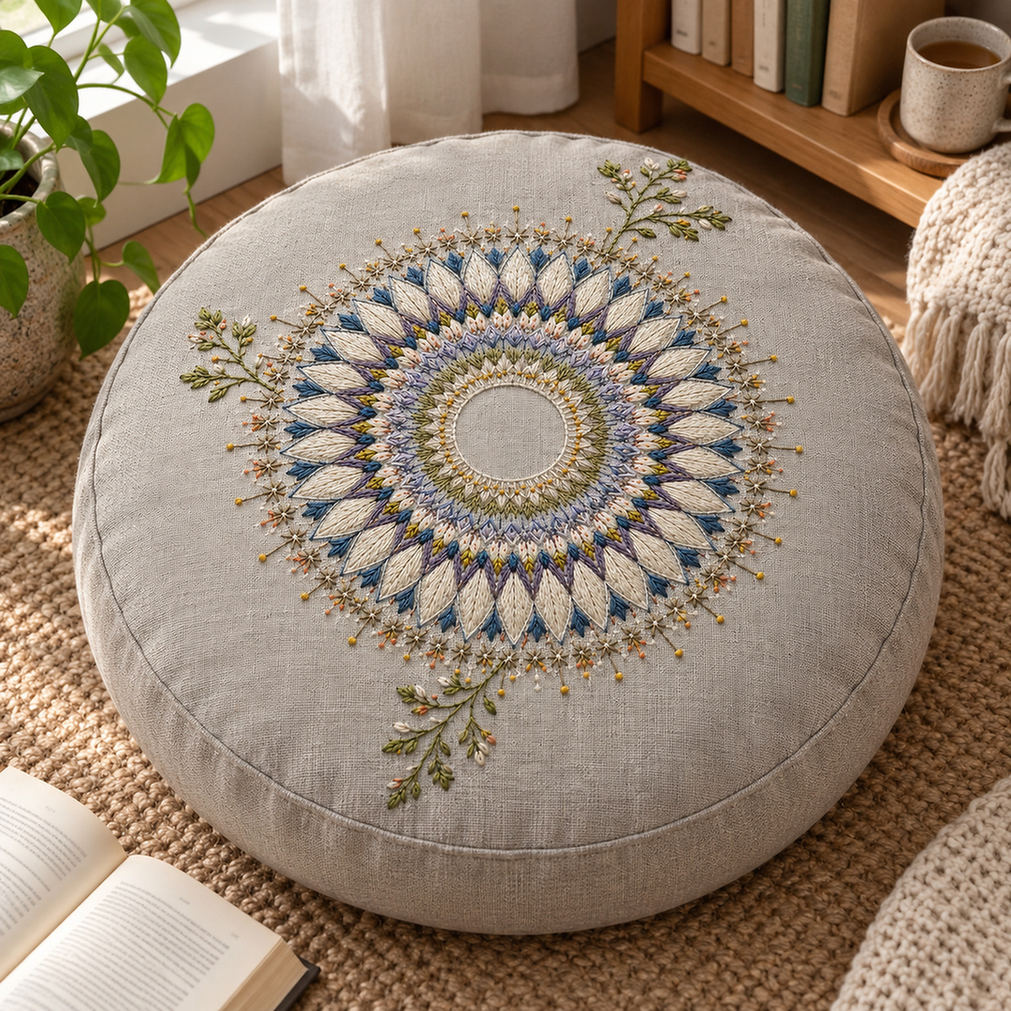 Round linen cushion mockup featuring the Frost Flower Medallion hand embroidery design. A layered flower medallion extends into two unequal botanical sprigs around an unfilled centre.