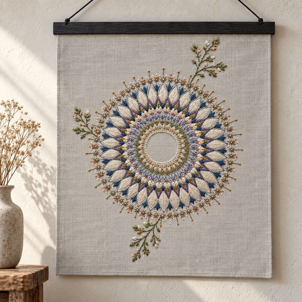 Linen cushion mockup featuring the Frost Flower Medallion hand embroidery design. A layered flower medallion extends into two unequal botanical sprigs around an unfilled centre.