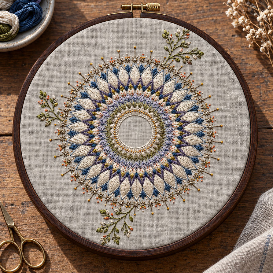 Embroidery hoop mockup featuring the Frost Flower Medallion hand embroidery design. A layered flower medallion extends into two unequal botanical sprigs around an unfilled centre.