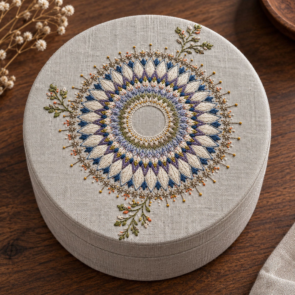 Round linen cushion mockup featuring the Frost Flower Medallion hand embroidery design. A layered flower medallion extends into two unequal botanical sprigs around an unfilled centre.