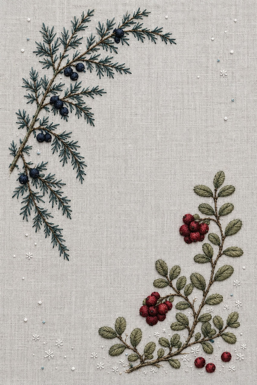 Illustrative embroidery design: Juniper descends from the upper left while lingonberry rises from the lower right.