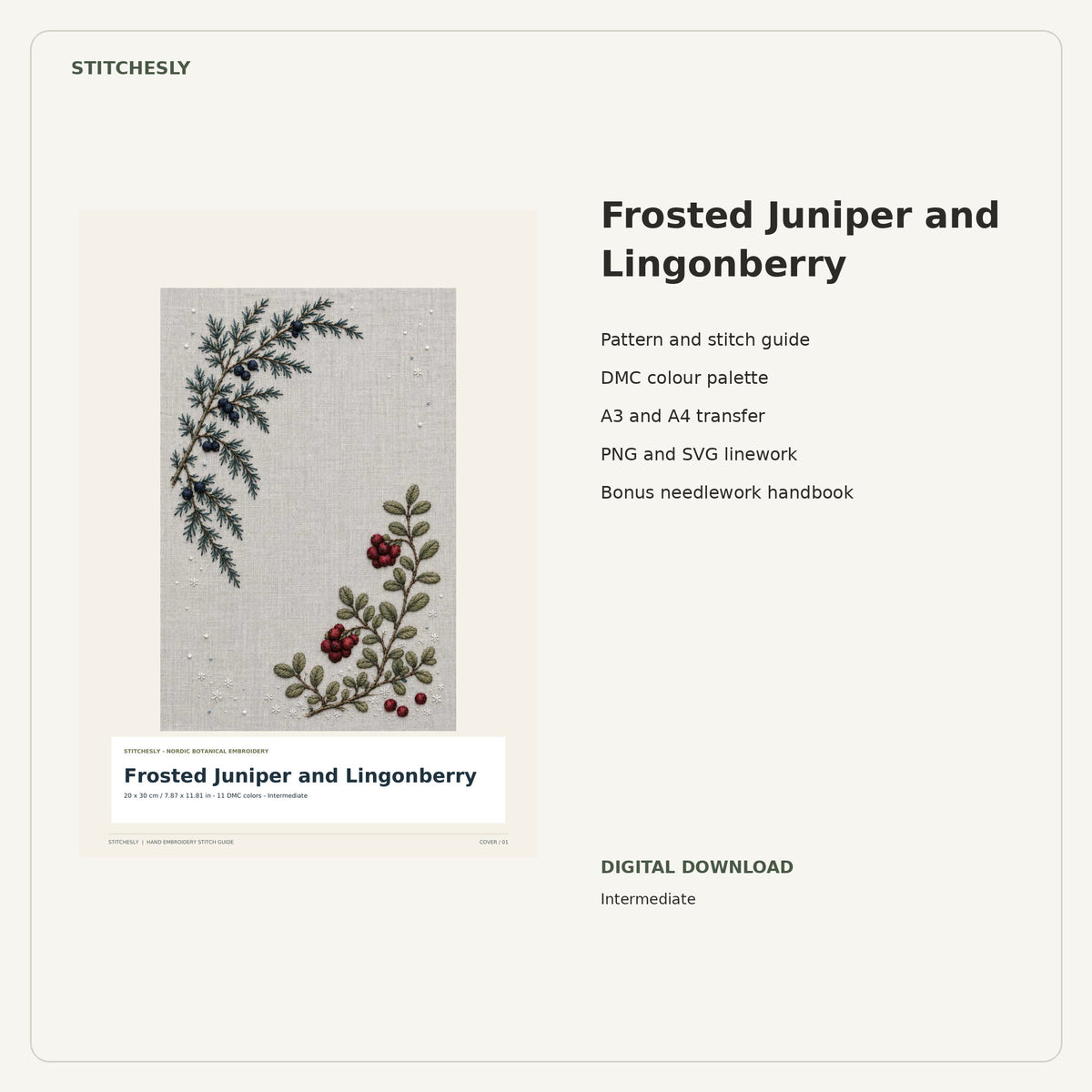 Frosted Juniper and Lingonberry PDF stitch guide cover, pattern files and bonus needlework handbook.
