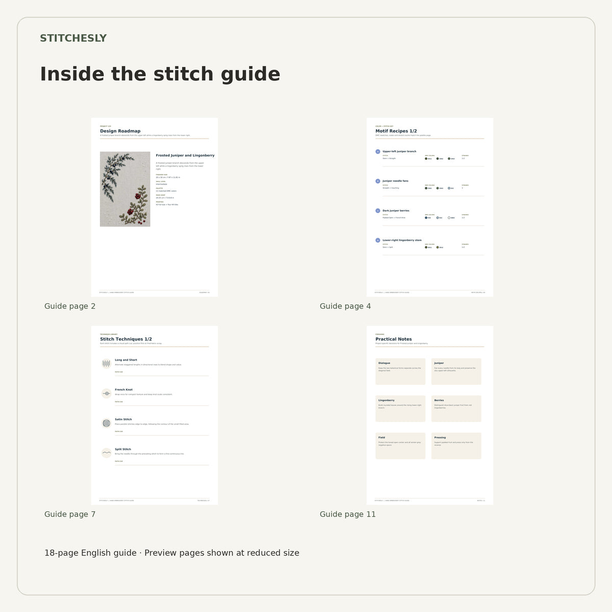 Four reduced-size preview pages from the 18-page Frosted Juniper and Lingonberry stitch guide.