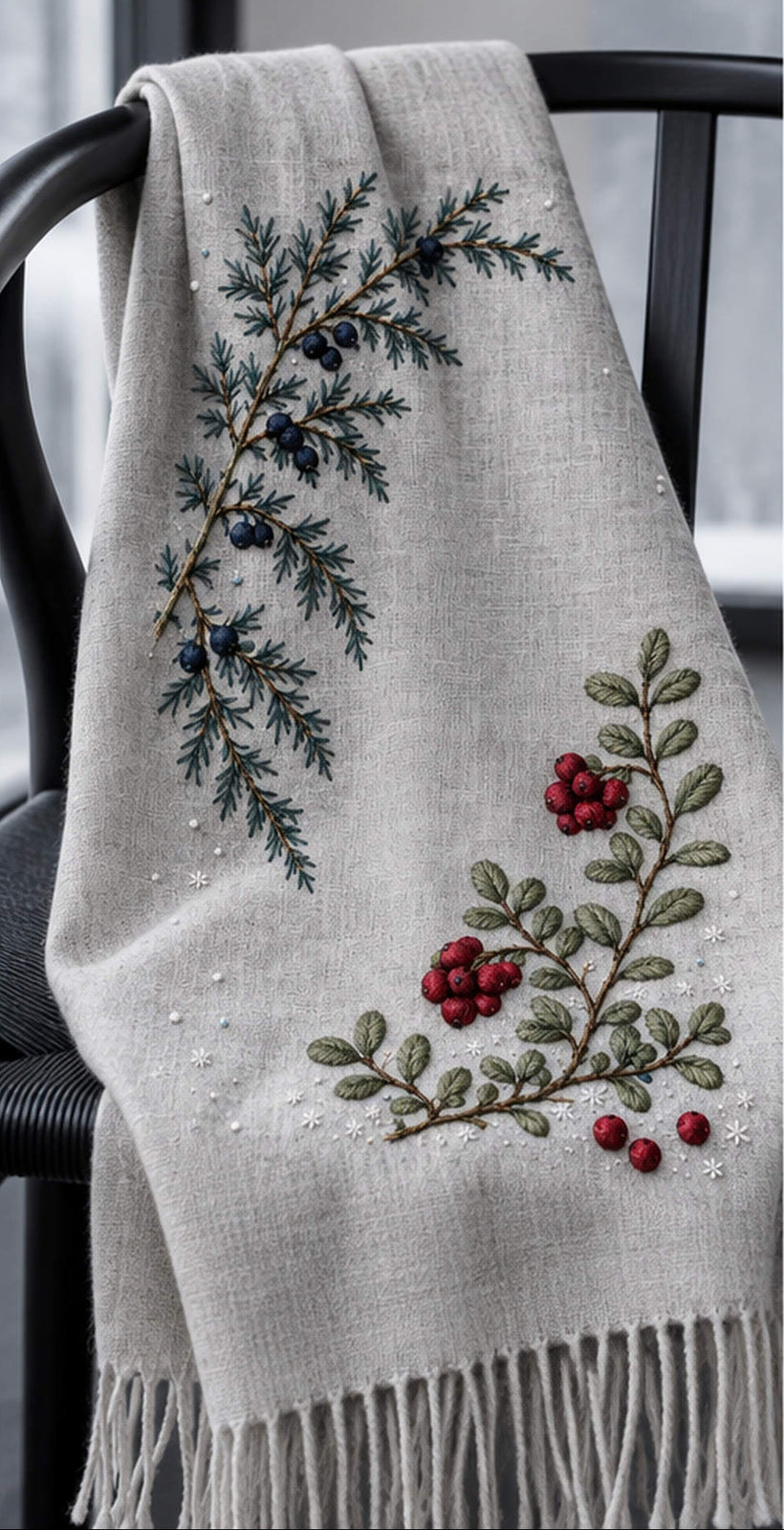 Light linen garment mockup featuring the Frosted Juniper and Lingonberry hand embroidery design. Juniper descends from the upper left while lingonberry rises from the lower right.