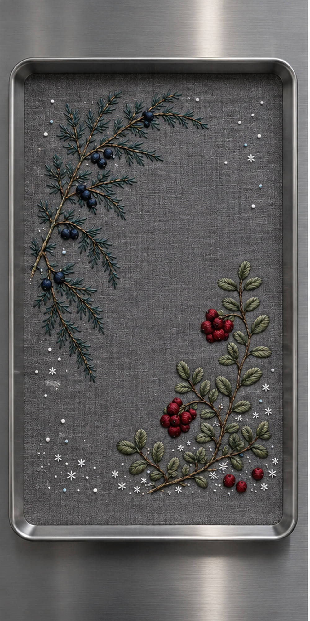 Dark botanical textile flat lay mockup featuring the Frosted Juniper and Lingonberry hand embroidery design. Juniper descends from the upper left while lingonberry rises from the lower right.